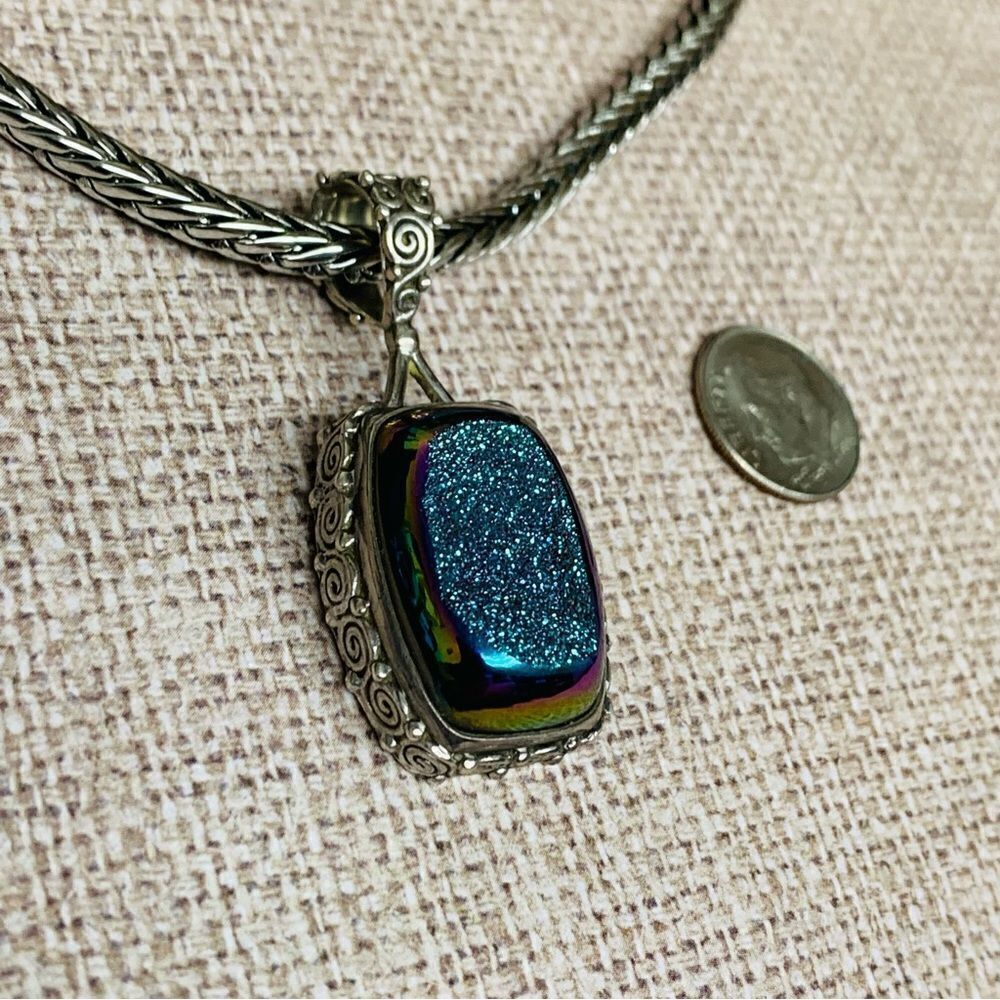 Rainbow Hematite Druzy Pendant Sterling Necklace‎